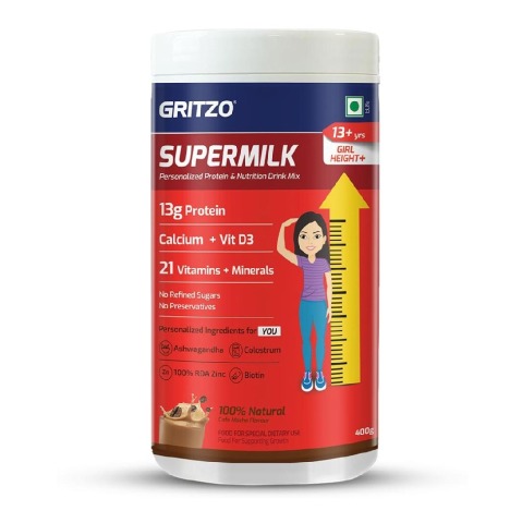 1 - Supermilk Gritzo Height+ for 13+ Yrs Girls Personalized Protein & Nutrition Drink Mix,  400 g  Cafe Mocha 