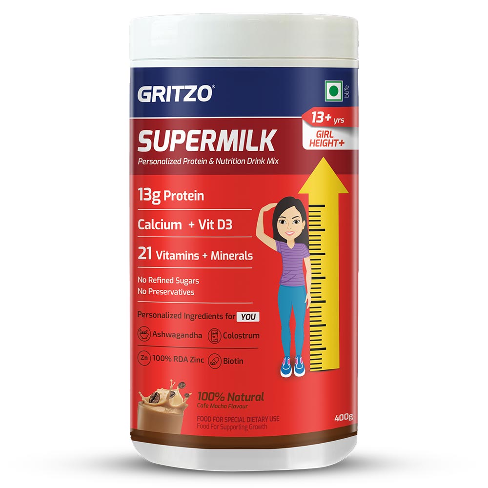 1 - Supermilk Gritzo Height+ for 13+ Yrs Girls Personalized Protein & Nutrition Drink Mix,  400 g  Cafe Mocha 