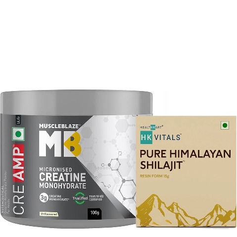 MuscleBlaze Creatine Monohydrate CreAMP 100g & HealthKart HK Vitals Pure Himalyan Shilajit Resin 15g with Free Sipper