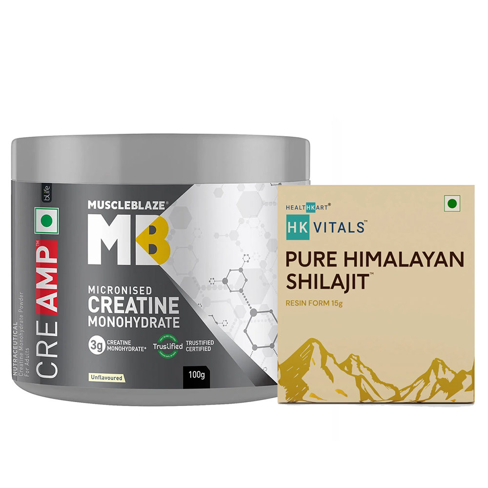 MuscleBlaze Creatine Monohydrate CreAMP 100g & HealthKart HK Vitals Pure Himalyan Shilajit Resin 15g with Free Sipper