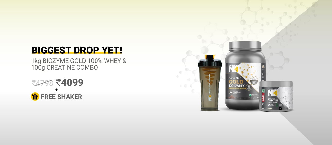 Biozyme Gold Whey 1 kg & Creatine 100g Combo @ 4099 + Free Shaker