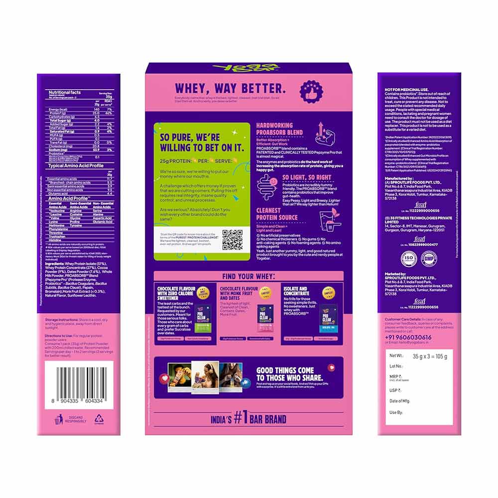 3 - Yogabar Pro Clean Whey,  3 sachets/pack  Chocolate with Monk Fruit & Dates 