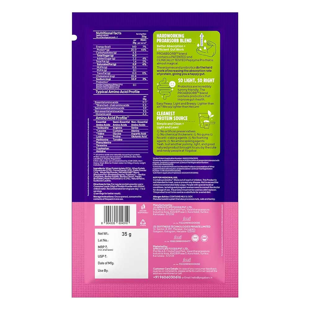 4 - Yogabar Pro Clean Whey,  1 sachets/pack  Chocolate with Monk Fruit & Dates 