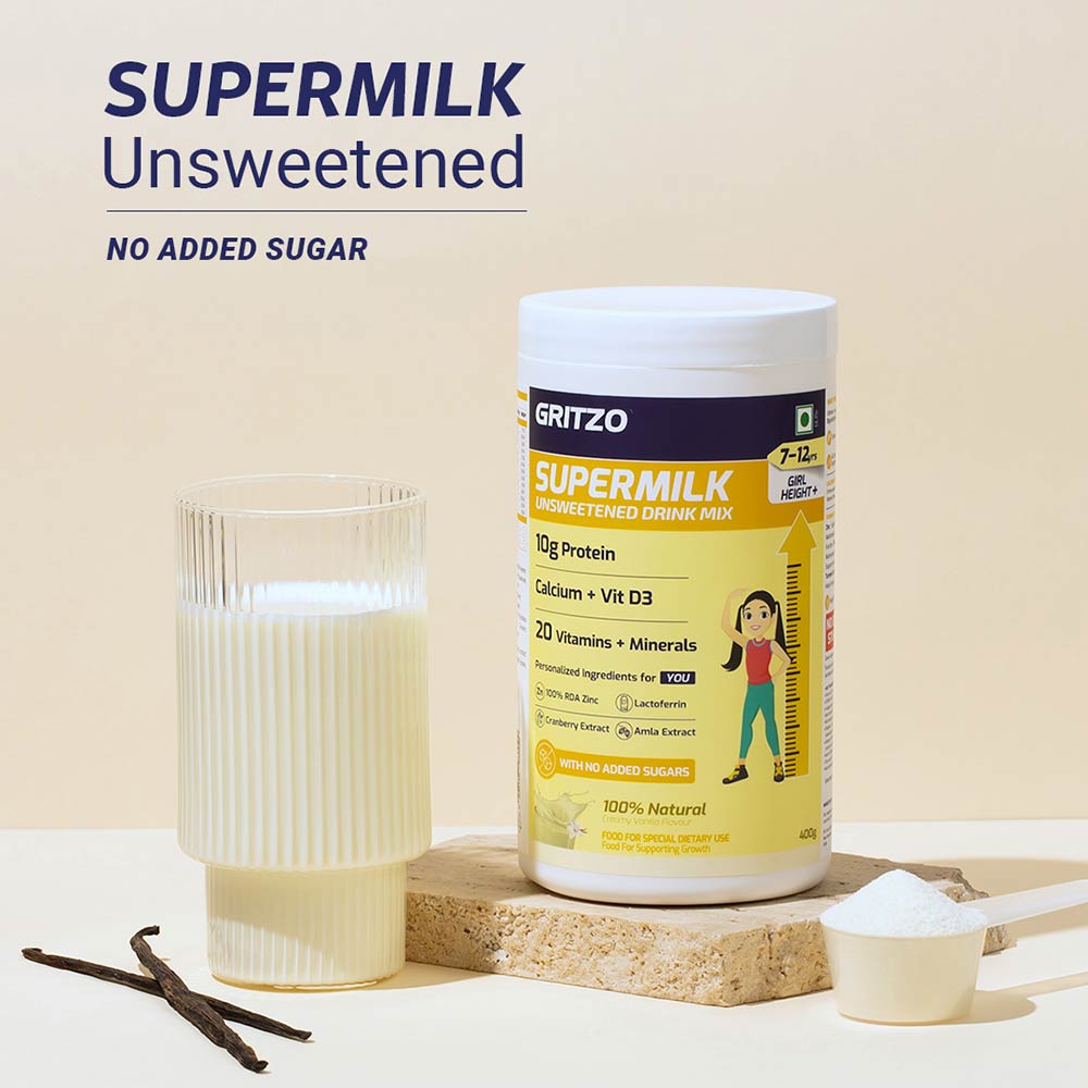 Supermilk Gritzo Height+ Unsweetened for 7-12 Yrs Girl Personalized Protein and Nutrition Drink Mix,  400 g  Creamy Vanilla