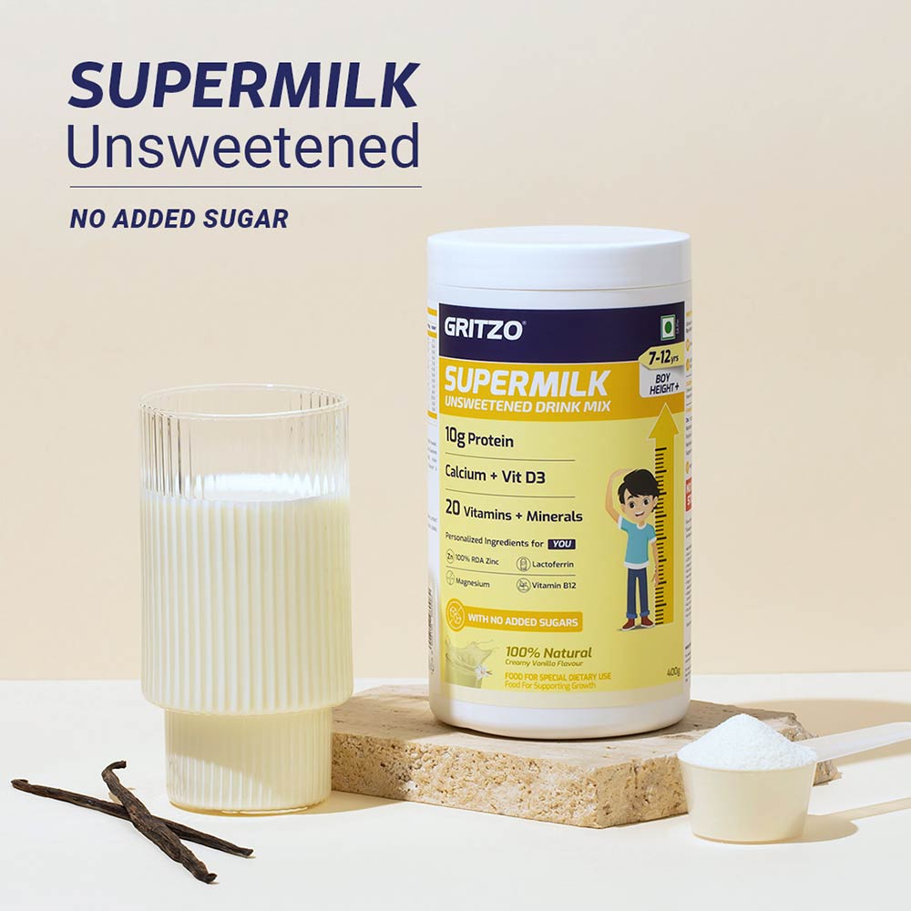 Supermilk Height+ Unsweetened for 7-12 Yrs Boy Personalized Protein and Nutrition Drink Mix,  400 g  Creamy Vanilla