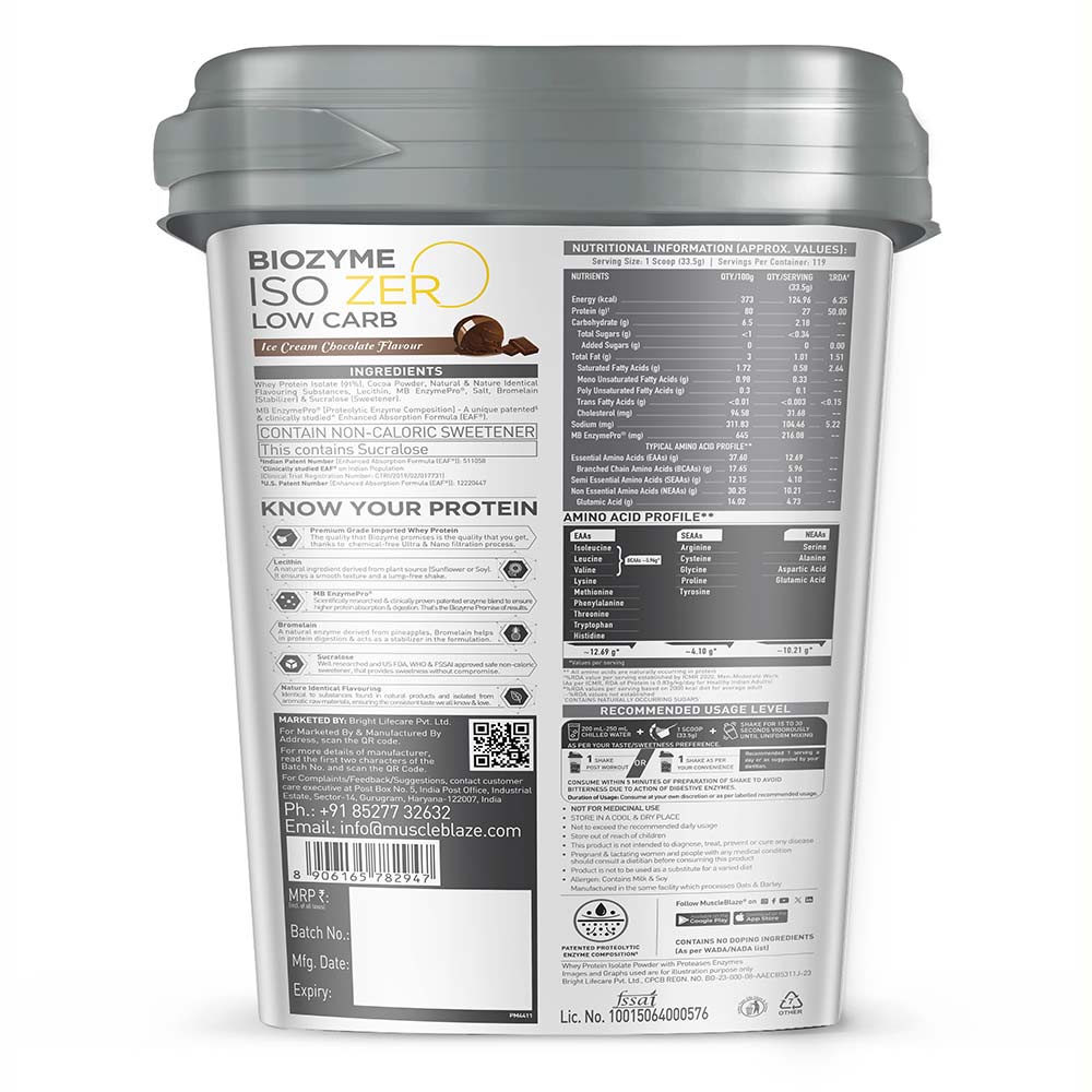 2 - MuscleBlaze Biozyme Iso-Zero,  8.8 lb  Low Carb Ice Cream Chocolate 