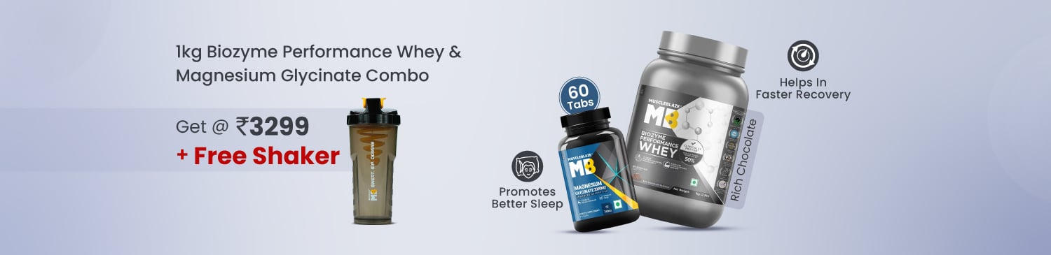 MuscleBlaze Biozyme Performance Whey 1kg Rich Chocolate & Magnesium Glycinate 60 Tabs | Offer Price @ Rs. 3299 | Free Shaker