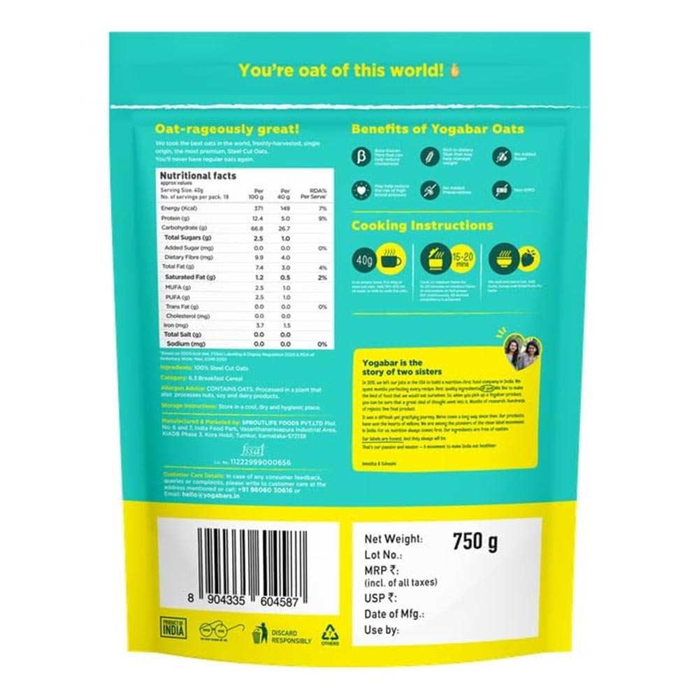 3 - Yogabar 100% Steel Cut Oats,  750 g  Unflavoured 