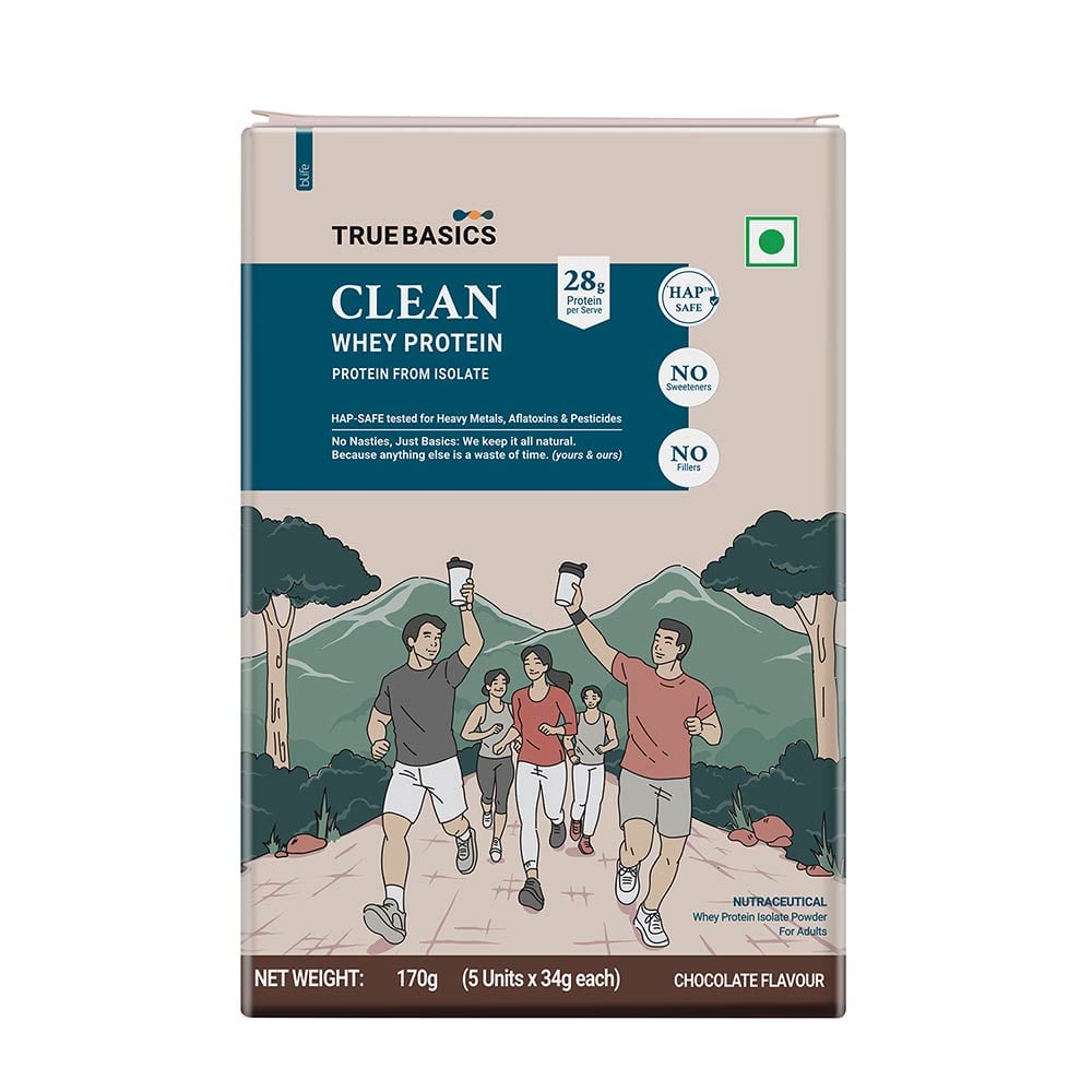 9 - TrueBasics Clean Whey Protein (Isolate),  0.37 lb  Chocolate Pack of 5 (34 g x 5) 