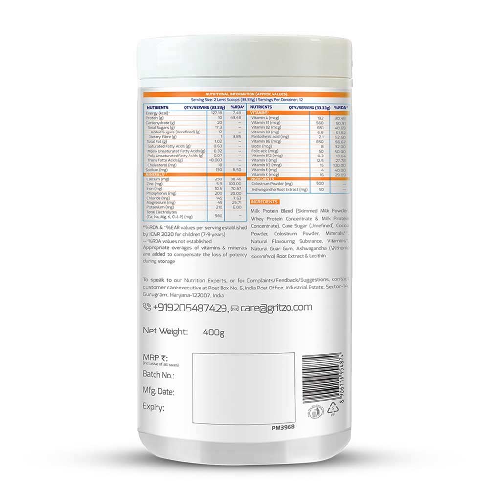2 - Supermilk Gritzo Height+ for Boy 7-12 Yrs Personalized Protein & Nutrition Drink Mix Powder,  400 g  Double Chocolate 