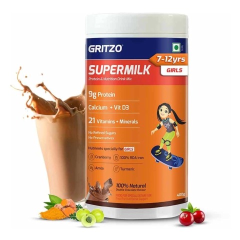1 - Supermilk Gritzo Overall Growth for 7-12 Yrs Girls Protein & Nutrition Drink Mix OP, 400 g Natural Double Chocolate