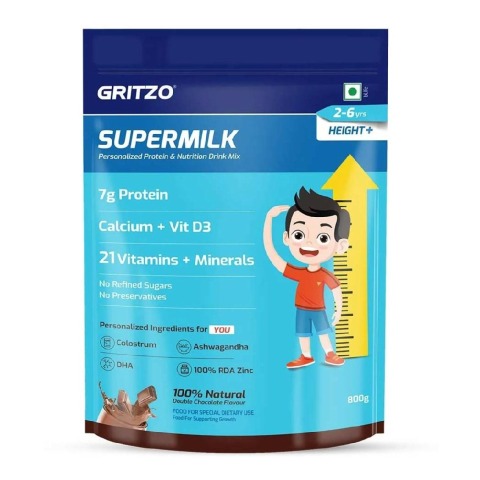 2 - Gritzo SuperMilk Height+ for 2-6 Yrs Personalized Protein & Nutrition Drink Mix OP, 1 kg Double Chocolate