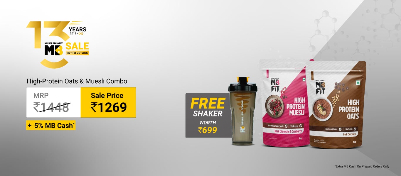 High Protein Oats Dark Chocolate & High Protein Muesli Dark Chocolate & Cranberry 1 kg Combo @ 1269 + Free SHaker + 5% MB Cash