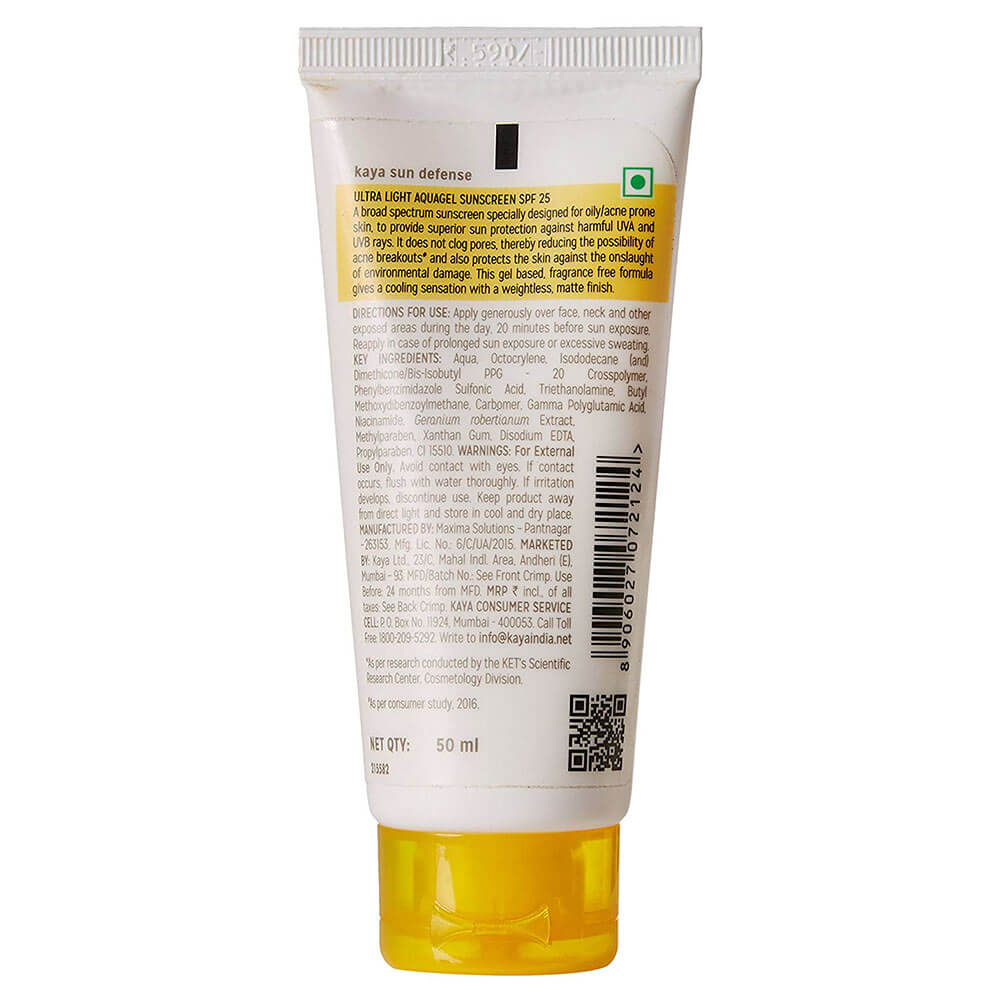 Back - Kaya Ultra Light Aquagel Sunscreen SPF 25,  50 ml  for Oily Skin 