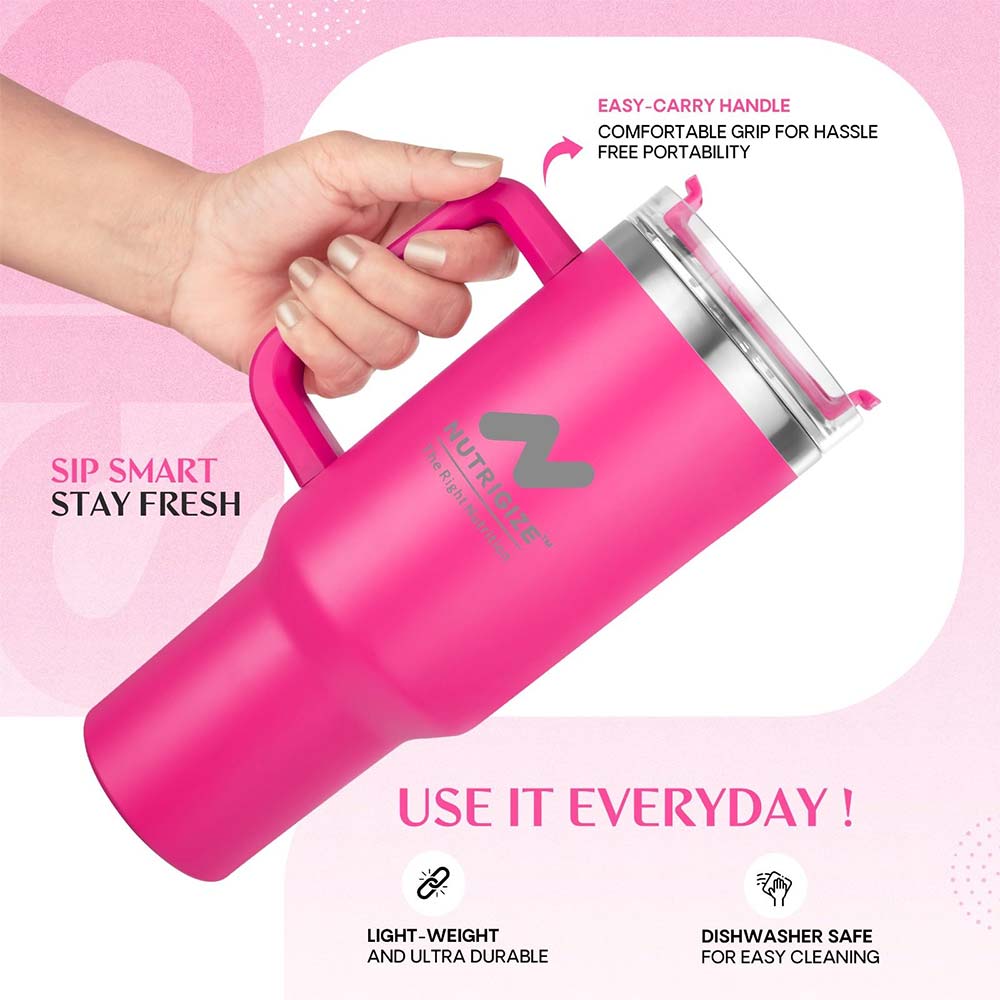 3 - GHC Nutrigize Stainless Steel Tumbler Hot and Cold with Handle and Steel straw,  Dark Pink  1.2 L 