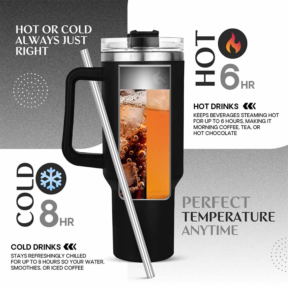 3 - GHC Nutrigize Stainless Steel Tumbler Hot and Cold with Handle and Steel straw,  Black  1.2 L 