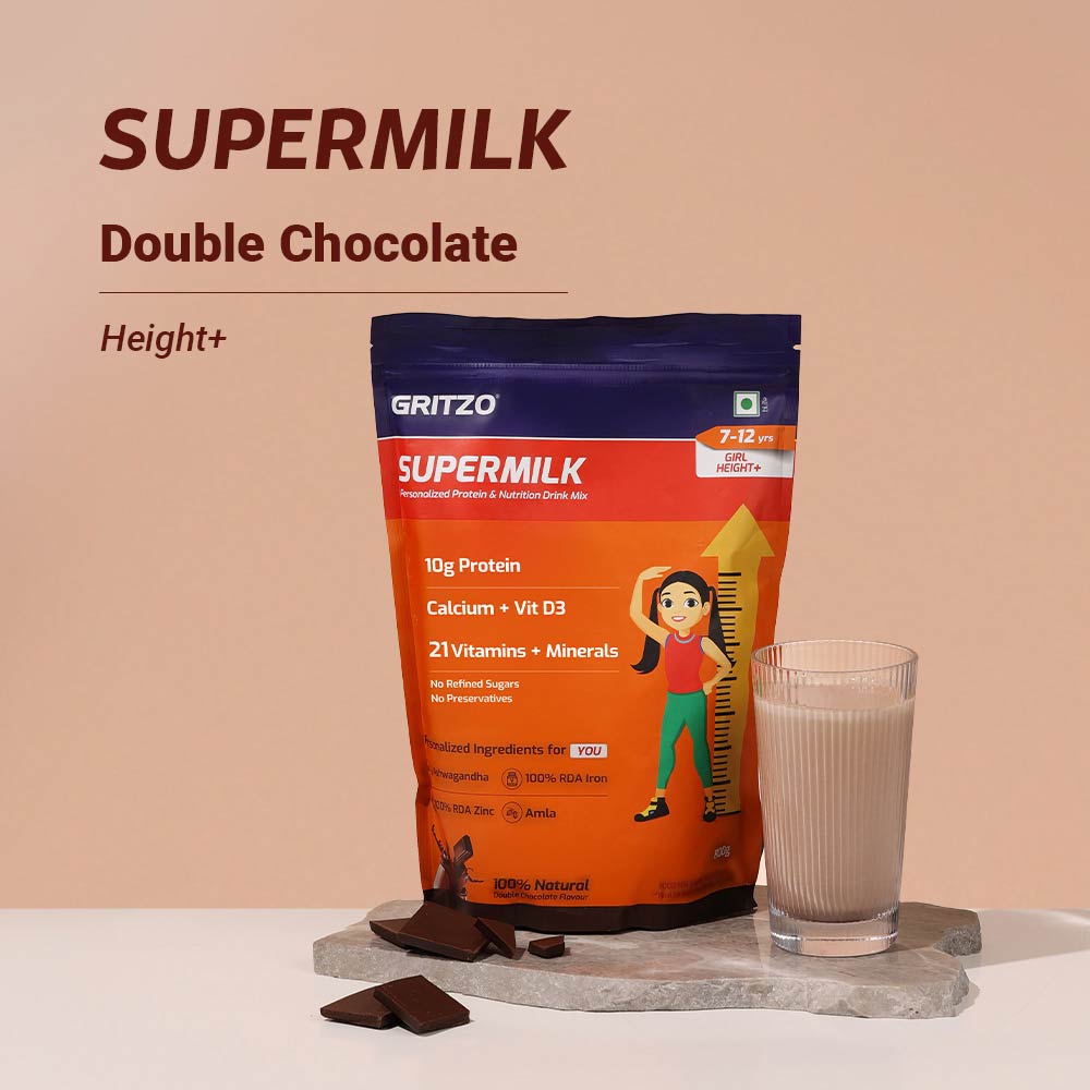 2 - Supermilk Gritzo Height+ for 7-12 Yrs Girls Personalized Protein & Nutrition Drink Mix,  800 g  Double Chocolate