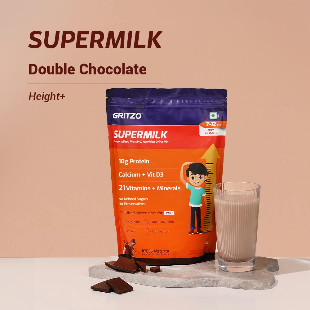 2 - Supermilk Gritzo Height+ for Boy 7-12 Yrs Personalized Protein & Nutrition Drink Mix,  800 g  Double Chocolate