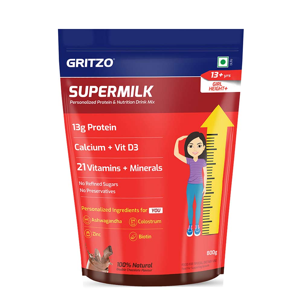 10 - Supermilk Gritzo Height+ for 13+ Yrs Girls Personalized Protein & Nutrition Drink Mix,  800 g  Double Chocolate 