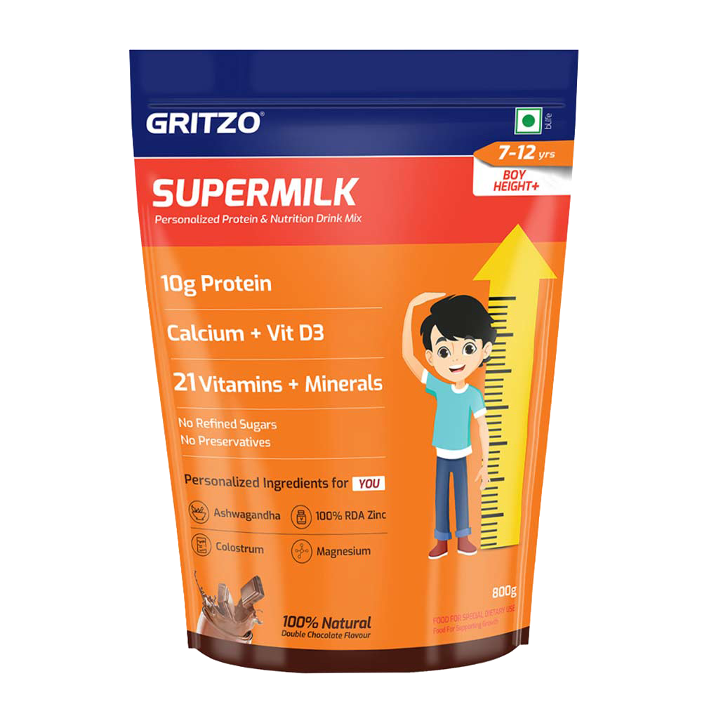 9 - Supermilk Height+ for Boy 7 to 12 years,  800 g  Double Chocolate  7-12 Yrs  Boy  Height+  With Unrefined Sugar 