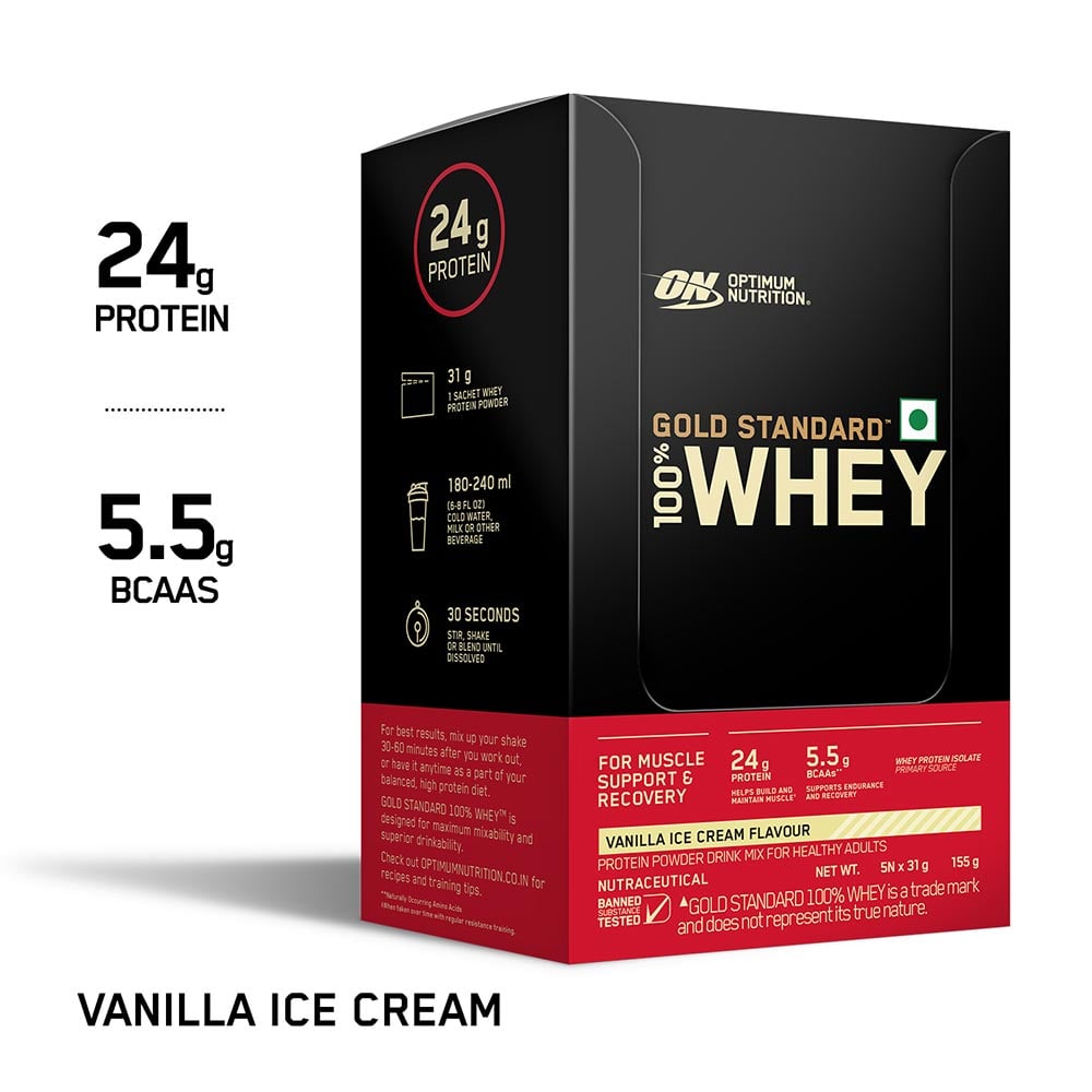 9 - ON (Optimum Nutrition) Gold Standard 100% Whey Protein,  5 sachets/pack  Vanilla Ice Cream 