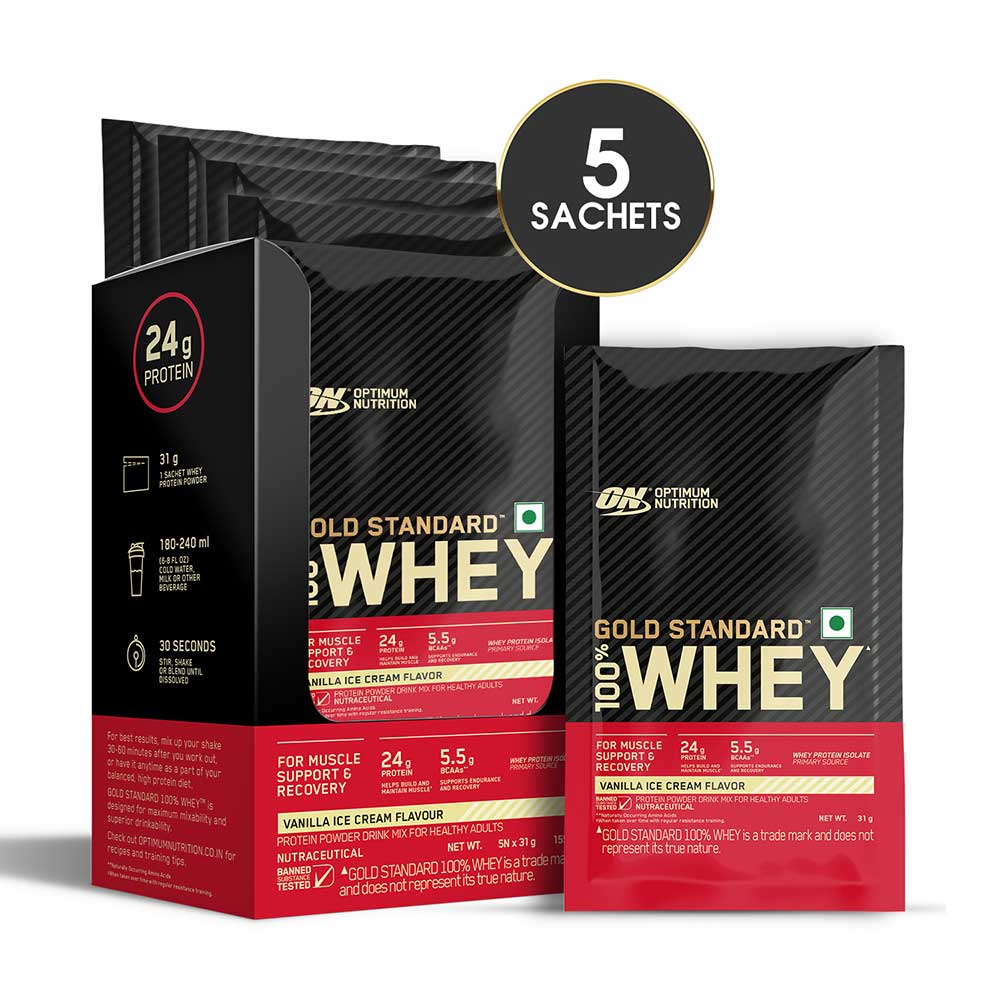 1 - ON (Optimum Nutrition) Gold Standard 100% Whey Protein,  5 sachets/pack  Vanilla Ice Cream 