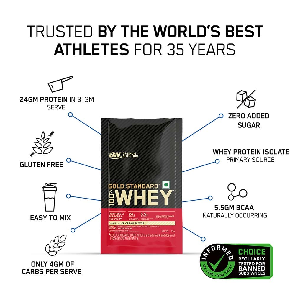 2 - ON (Optimum Nutrition) Gold Standard 100% Whey Protein,  5 sachets/pack  Vanilla Ice Cream 