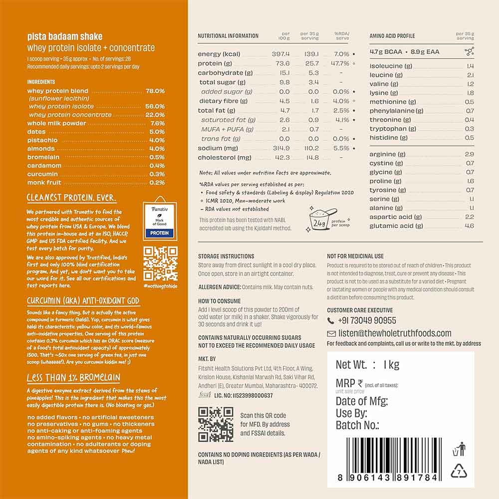 2 - The Whole Truth Whey Protein,  2.2 lb  Pista Badaam Shake 