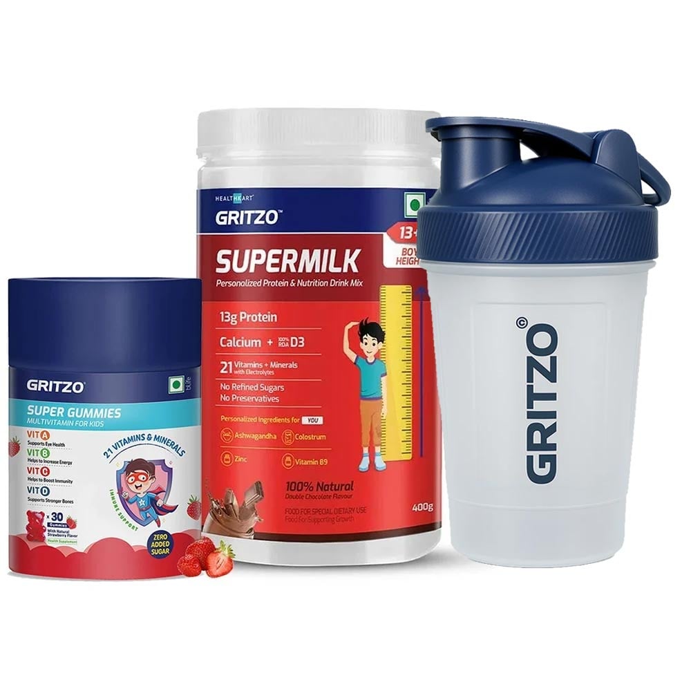 Gritzo 400g SuperMilk Height+ with Gummies Multivitamin & Shaker for 13+ Yrs Boys
