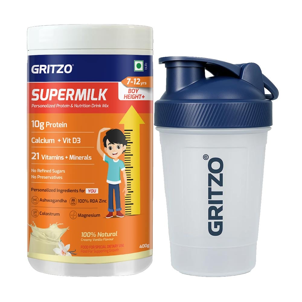 Gritzo SuperMilk Height+ for 7-12 Yrs Boy 400 g Creamy Vanilla & Shaker Combo