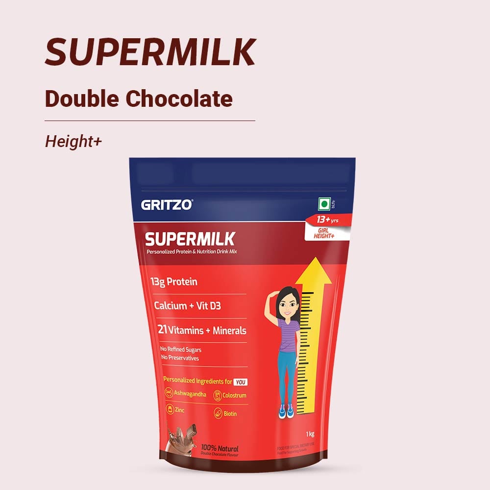 2 - Supermilk Gritzo Height+ for 13+ Yrs Girls Personalized Protein & Nutrition Drink Mix,  1 kg  Double Chocolate - Pouch