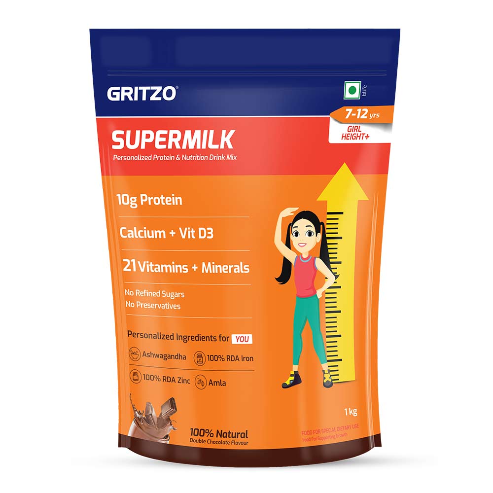 Supermilk Gritzo Height+ for 7-12 Yrs Girls Personalized Protein & Nutrition Drink Mix, 1 kg Double Chocolate