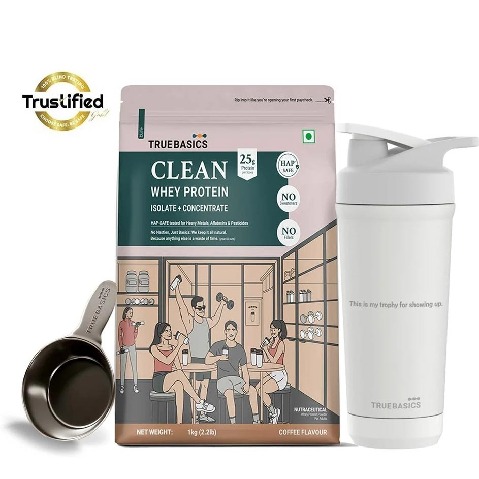 TrueBasics Clean Whey Protein Isolate + Concentrate 2.2 lb Coffee & Steel Pro Shaker 700 ml Combo