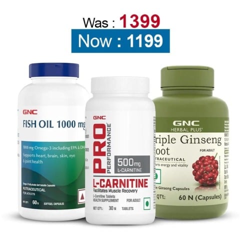 GNC Herbal Plus Triple Ginseng Root 60 Capsules with Fish Oil 60 Softgels & L-Carnitine 30 Tablets Combo,  3 Piece(s)/Pack 