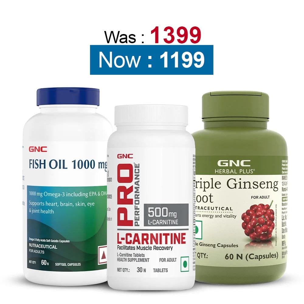 GNC Herbal Plus Triple Ginseng Root 60 Capsules with Fish Oil 60 Softgels & L-Carnitine 30 Tablets Combo,  3 Piece(s)/Pack 