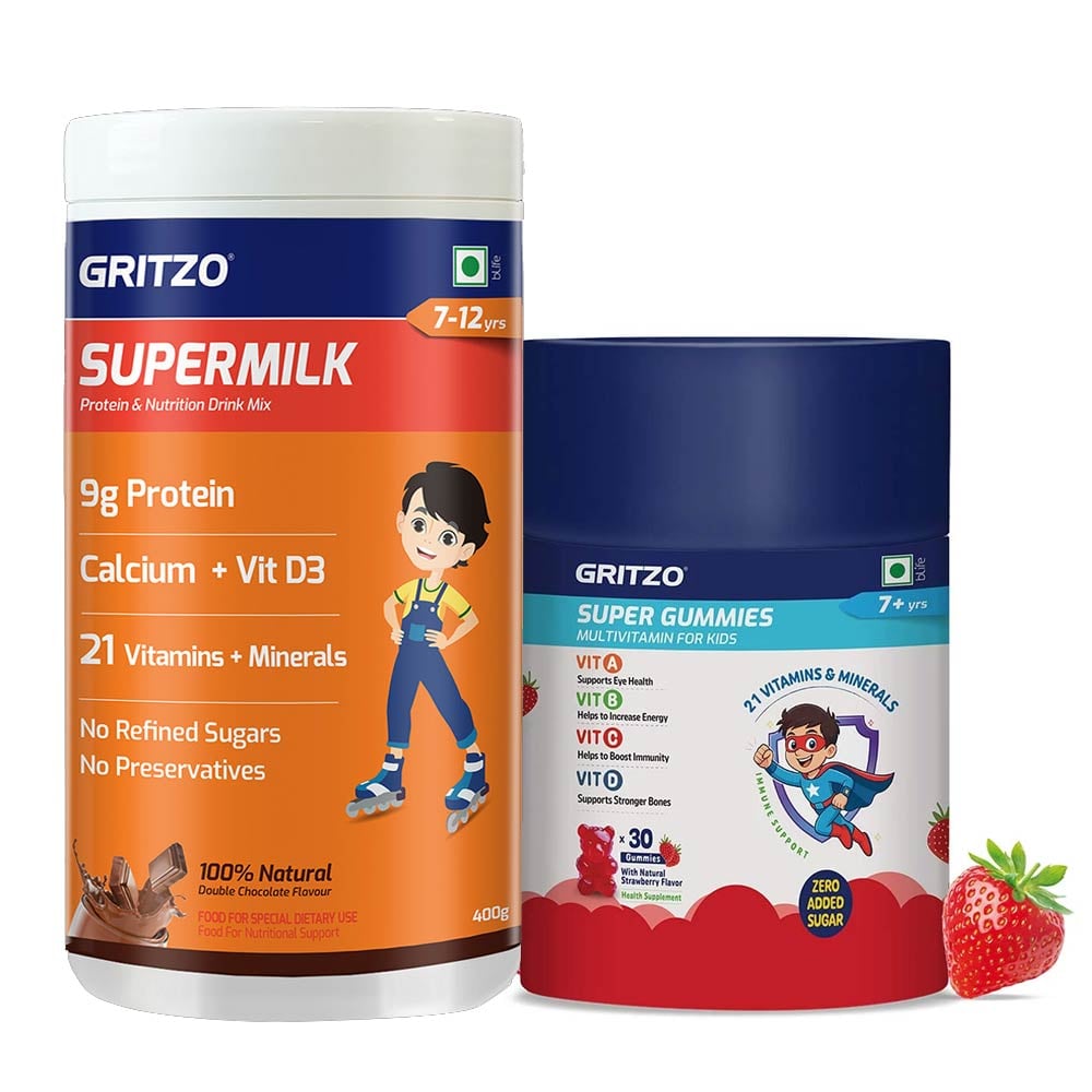 Gritzo SuperMilk Overall Growth for 7-12 Yrs Boy 400 g Double Chocolate & Gummies Multivitamin Combo