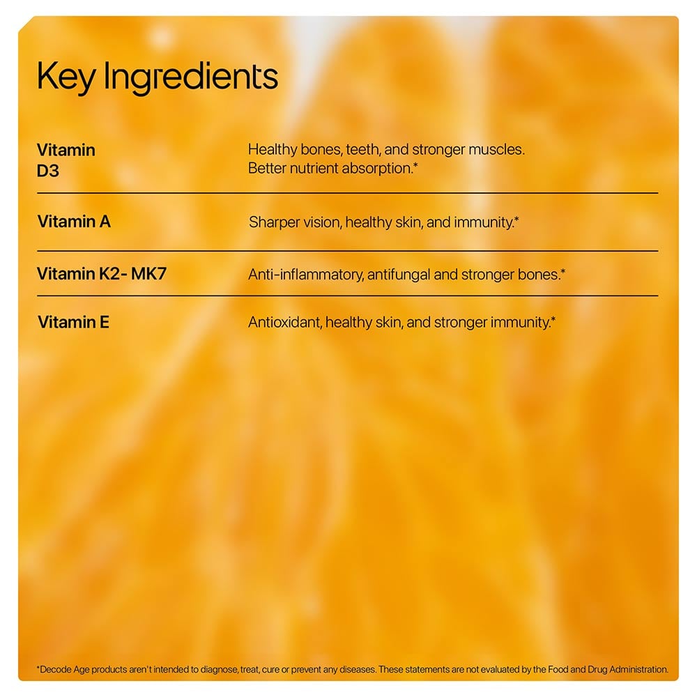 4 - Decode Age Dake Vitashine Vitamin D3, K2 (MK7), A & E,  30 veggie capsule(s)  Unflavoured - 5000 IU 