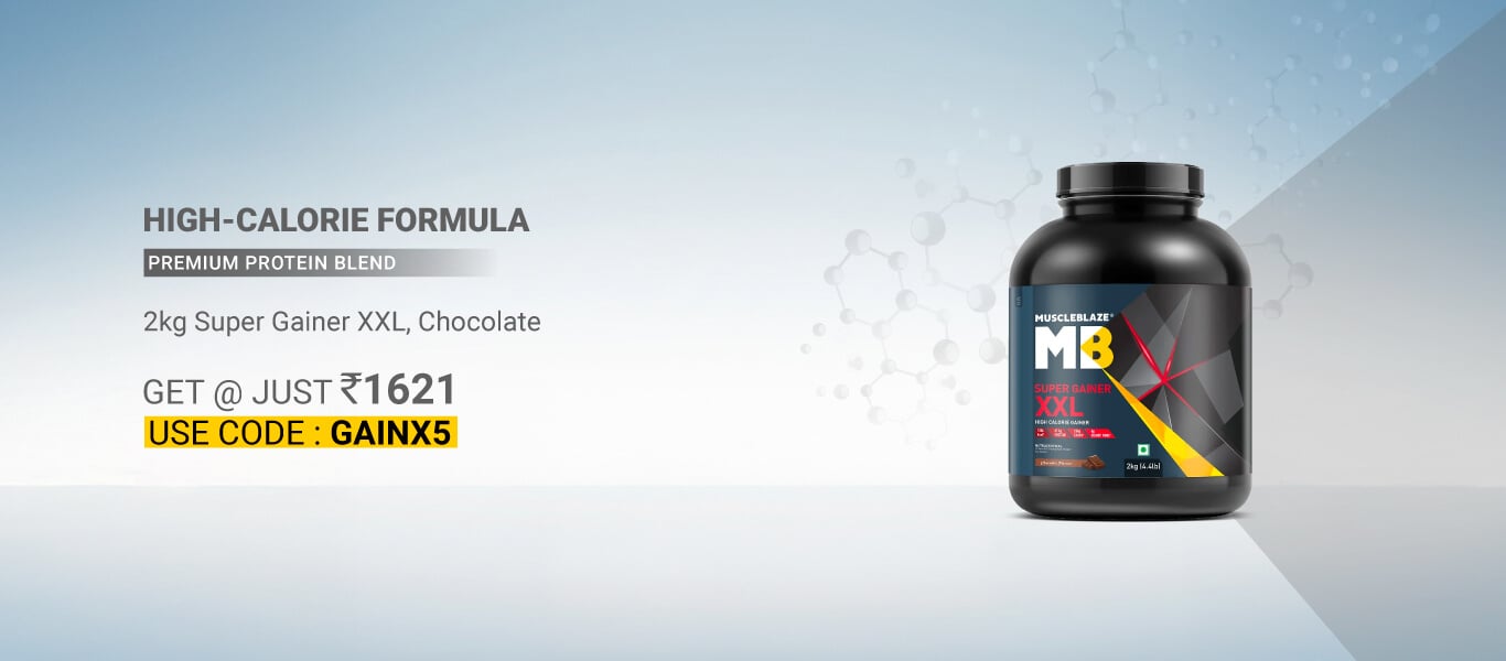 MuscleBlaze Super Gainer XXL Weight Gainer, 2 kg (4.4 lb), Chocolate @ 1621 using GAINX5