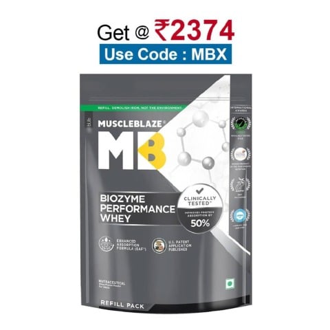 MuscleBlaze Biozyme Performance Whey, 2.2 lb Refill Pack Unflavoured
