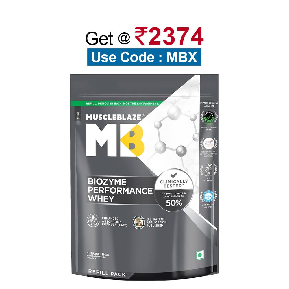 MuscleBlaze Biozyme Performance Whey, 2.2 lb Refill Pack Unflavoured