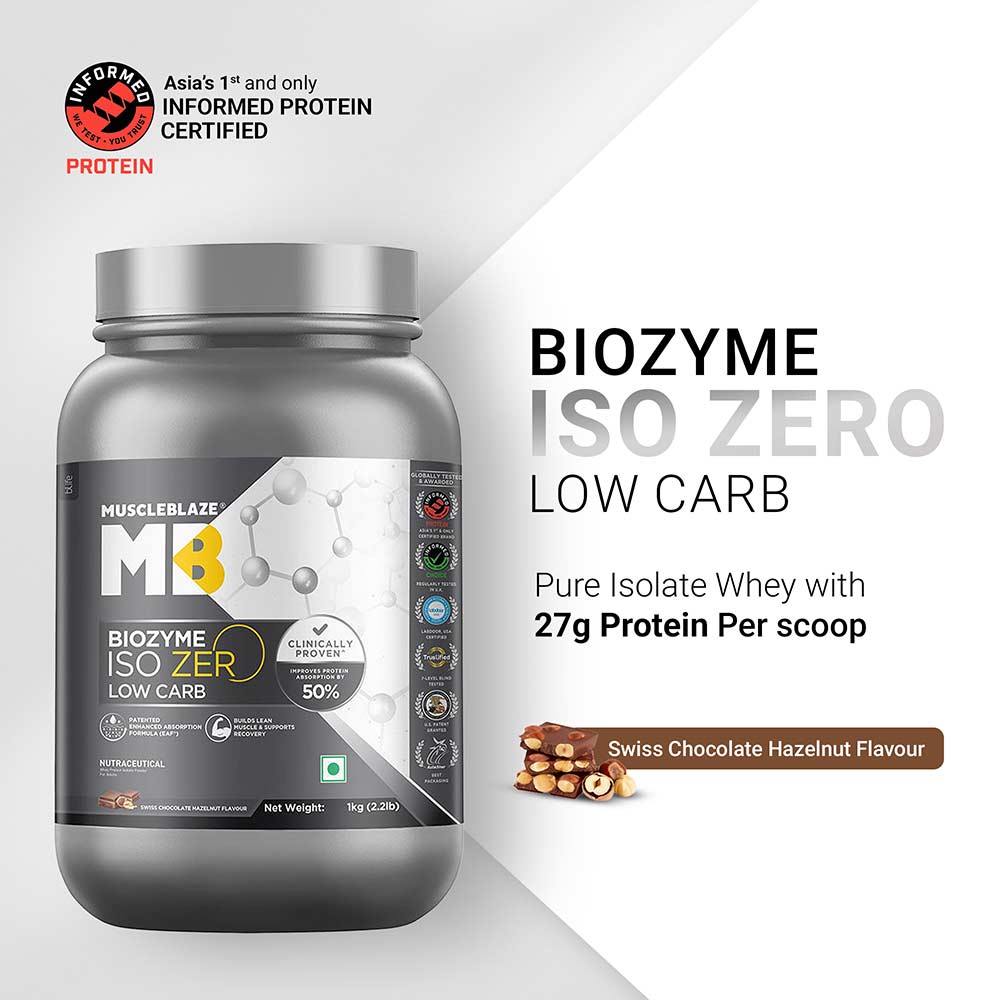 2 - MuscleBlaze Biozyme Iso-Zero, 2.2 lb Low Carb Swiss Chocolate Hazelnut - Low Sweetness
