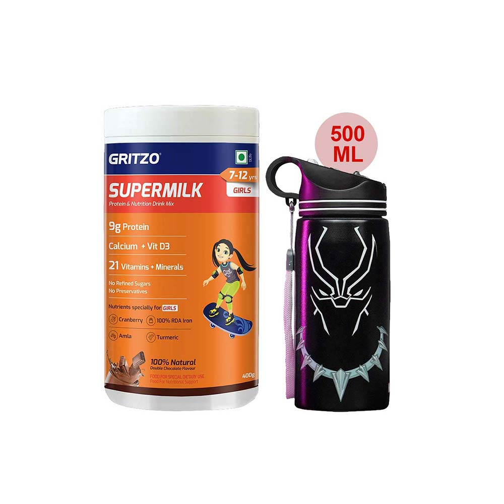 Supermilk Overall Growth for Girl 7 to 12 Yrs 400g and 500ml Black Panther Sipper Combo