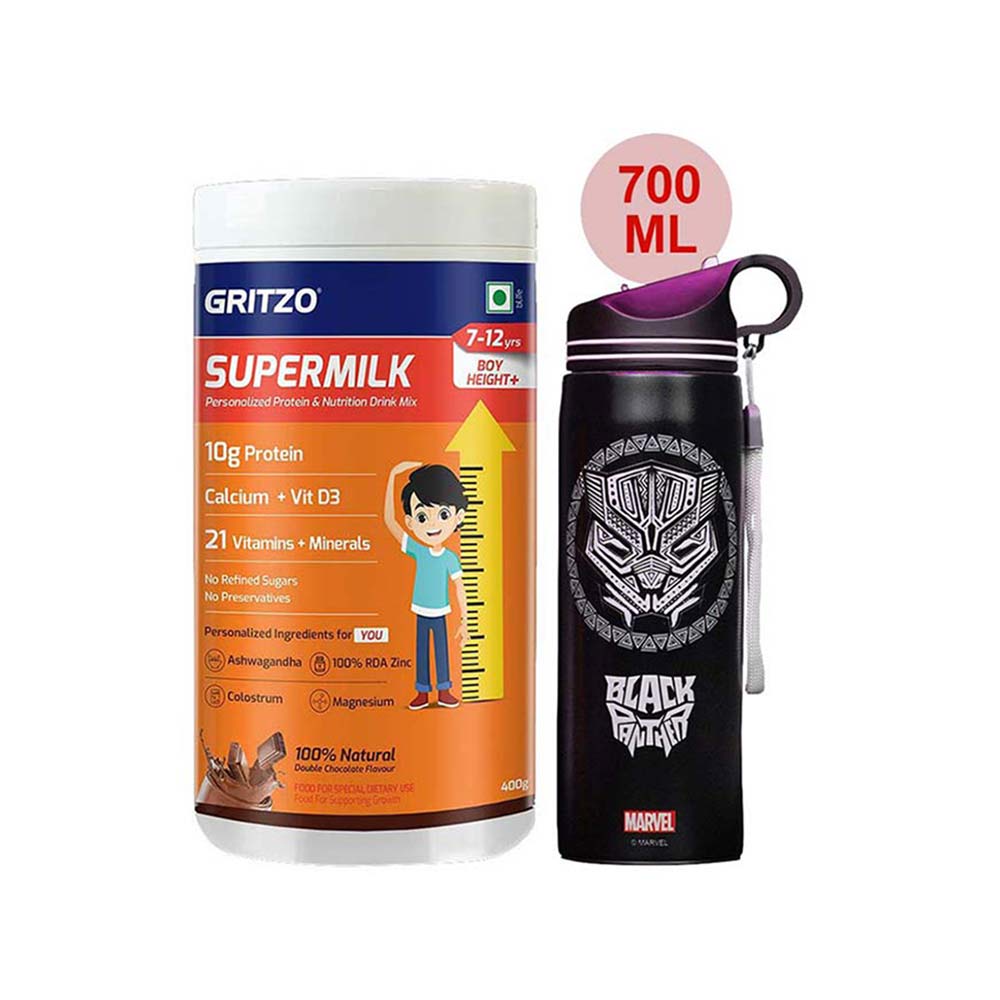Supermilk Height+ for Boy 7 to 12 Yrs 400g and 700ml Black Panther Sipper Combo