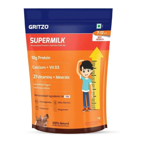 2 - Supermilk Gritzo Height+ for Boy 7-12 Yrs Personalized Protein & Nutrition Drink Mix OP,  1 kg  Double Chocolate 