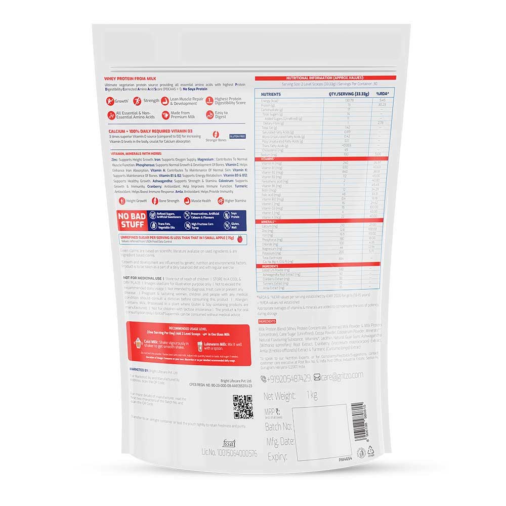 1 - Supermilk Gritzo Height+ for 13+ Yrs Girls Personalized Protein & Nutrition Drink Mix OP,  1 kg  Double Chocolate 