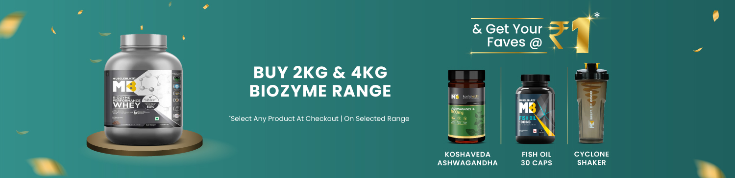Buy Biozyme 2kg and 4kg Range and Get One Product at Rs 1 (Mb Fish oil, Ashwagandha, Shaker) | FSHX1, CYCX1, ASHX1