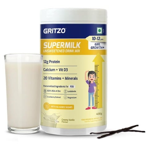1 - Gritzo SuperMilk Height+ Unsweetened 10-12y Girls Personalized Protein and Nutrition Drink Mix,  400 g  Creamy Pink Vanilla 