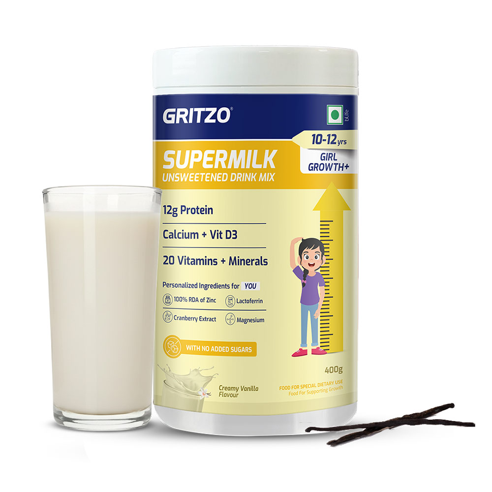 Supermilk Gritzo Growth+(Formerly Height+) Unsweetened for Girl 10 to 12 Years, 400 g Creamy Pink Vanilla