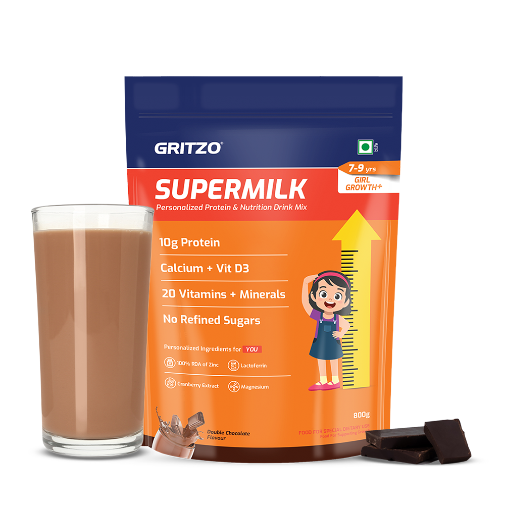 1 - Supermilk Growth+(Formerly Height+) for Girl 7 to 9 years,  800 g  Double Chocolate  7-9 Yrs  Girl  Growth+(Formerly Height+)  With Unrefined Sugar 