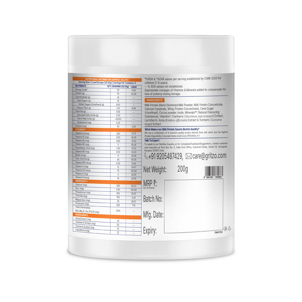 12 - Supermilk Gritzo Height+ for 7-12 Yrs Girls Personalized Protein & Nutrition Drink Mix,  200 g  Double Chocolate